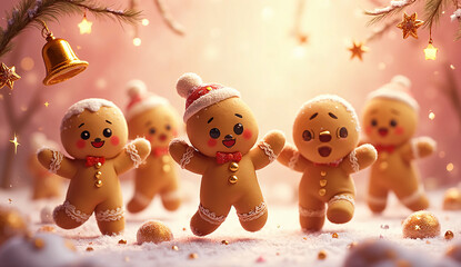 Cute Gingerbread Cookie Characters Dancing with Bells and Stars on Pink and Gold Festive Sweet Christmas Background