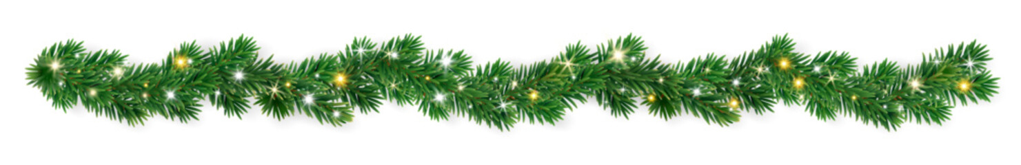 Fototapeta na wymiar Wavy seamless Christmas garland of lush green fir branches with twinkling lights and sparkles. Realistic festive horizontal border for banners and cards. Transparent background in vector file.