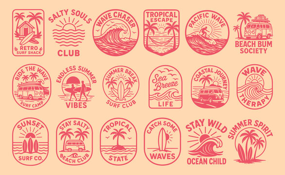 Collection of retro surf and beach themed vector badges and emblems featuring palm trees, waves, sun, surfboards, and vintage vans for summer vacation.