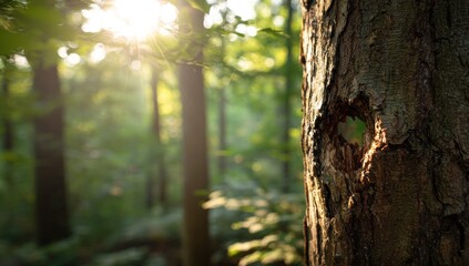Sunlight bursts through a forest canopy, illuminating a tree trunk with a weathered texture