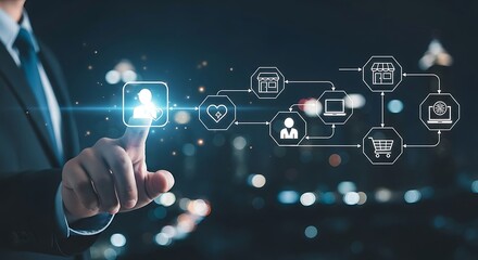 Businessman touching a digital interface representing customer journey and business process