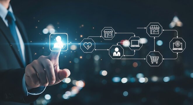 Businessman touching a digital interface representing customer journey and business process - Powered by Adobe