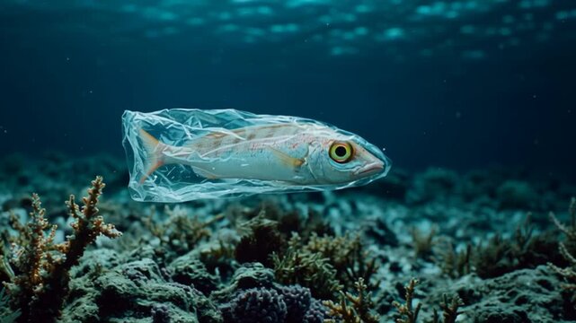 Fish trapped in plastic bag swimming underwater in seabed, ocean pollution environment microplastics contamination concept