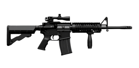 Modern black assault rifle isolated on transparent background