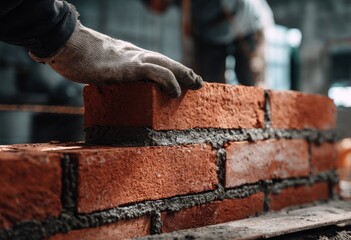 A gloved hand places a brick on a partially built wall. Another worker is in the background