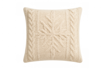 White cable knit sweater pillow featuring a snowflake design, creating a cozy winter home decor item on transparent background