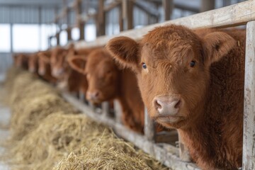 A row of red-brown cattle peering from a barn feeding trough, hay visible