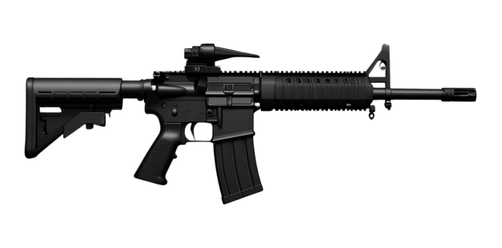 Modern black assault rifle isolated on transparent background
