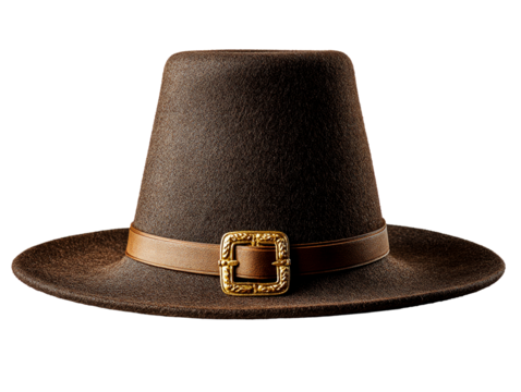 Pilgrim hat with buckle on white background, isolated on transparent cutout background