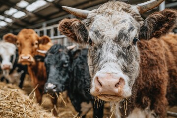 Close-up of diverse cows peering forward in a barn, hay in foreground