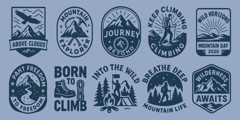 Collection of outdoor adventure and mountain exploration vector badges, perfect for nature enthusiasts, hiking clubs, and wilderness travel branding designs