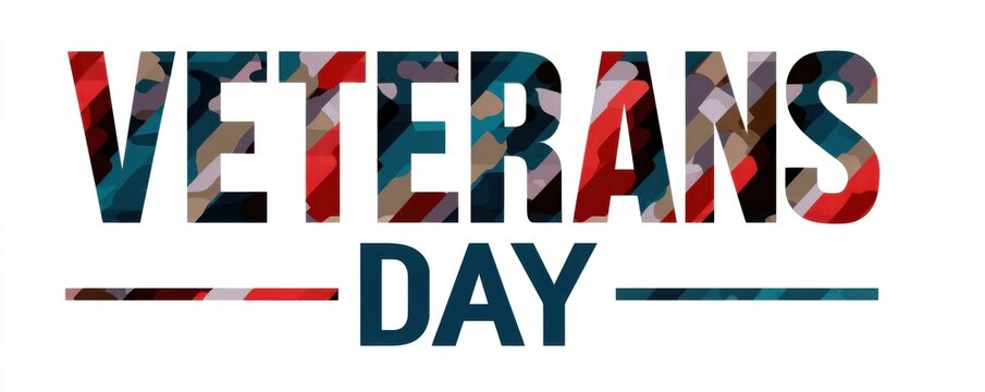 The image shows the words 'Veterans Day' with a camouflage pattern. Veterans Day holiday background