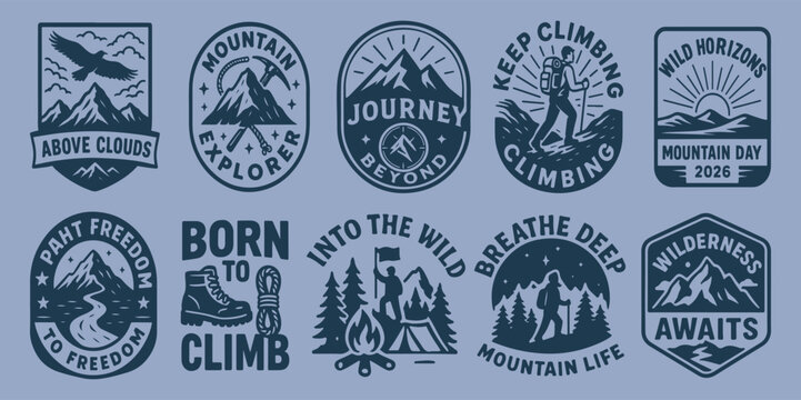 Collection of outdoor adventure and mountain exploration vector badges, perfect for nature enthusiasts, hiking clubs, and wilderness travel branding designs