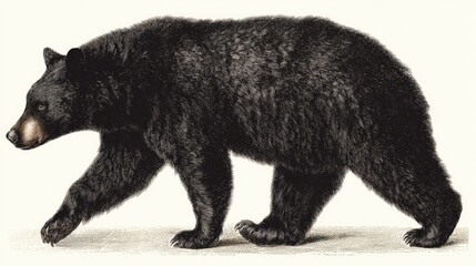 Black bear walking across frame illustration isolated on white background