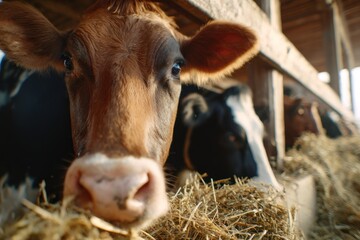 Close-up of a brown cow staring at the viewer in a wooden barn, with other cows