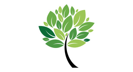 A stylized tree with a black curved trunk and a lush canopy of various green leaves on a white background.