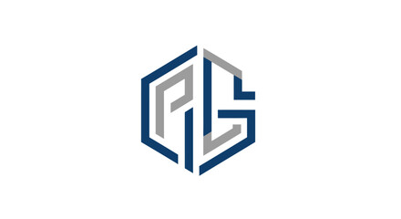 Abstract logo design featuring geometric shapes and letters, in blue and gray.