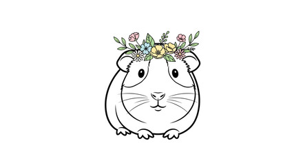 A charming illustration of a guinea pig wearing a floral crown.