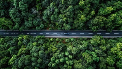 Aerial view of a road cutting through a dense forest.