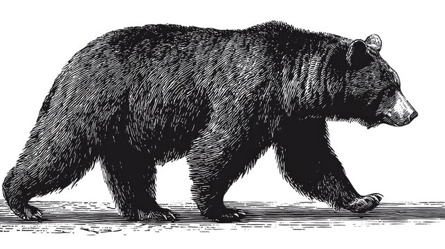 Black bear walking illustration on white background detailed artistic style