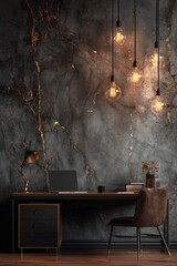 A home office featuring a desk, chair, decorative lights, and a textured wall