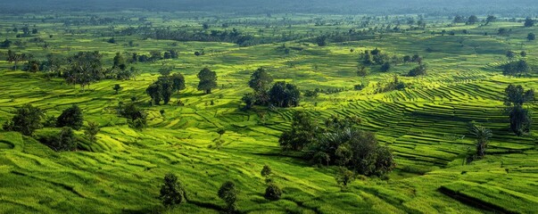 Lush Green Tea Plantation Landscape with Rolling Hills and Scattered Trees.