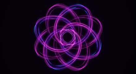 Brilliant glowing neon light trails form an intricate looping geometric pattern against a dark background