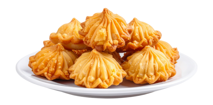 Delicious gujiya indian sweets resting on white plate with transparent background