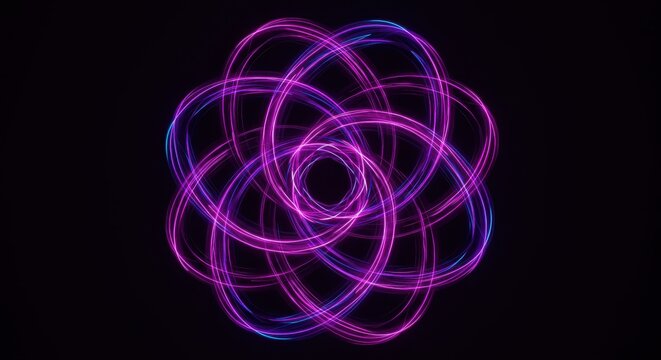 Brilliant glowing neon light trails form an intricate looping geometric pattern against a dark background