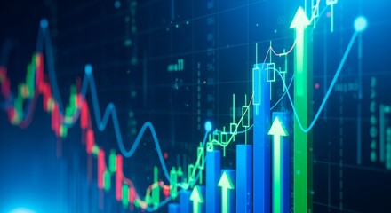 Stock market graph with rising bars and upward arrows