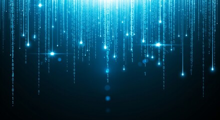 Abstract blue digital rain with glowing particles and light streaks
