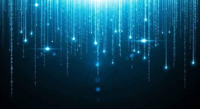 Abstract blue digital rain with glowing particles and light streaks
