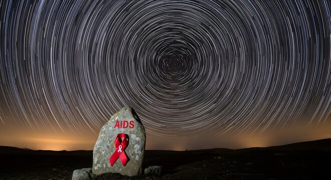 Red ribbon on a stone under a mesmerizing star-trail night sky, representing HIV/AIDS awareness