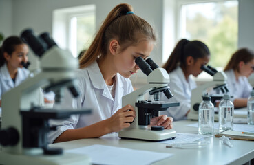 Young girl student in white lab coat uses microscope in bright classroom, actively exploring science. Focuses intently on specimen. Students work on experiments in science lab. Biology class promotes