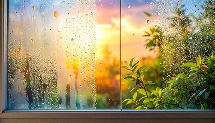 Raindrops on a windowpane with a vibrant sunset and lush green foliage outside