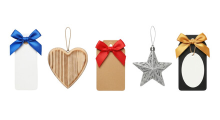 Set of christmas gift tags with ribbons and bows transparent background cutout png