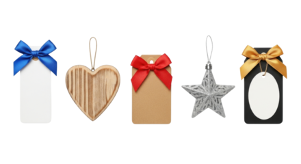 Set of christmas gift tags with ribbons and bows transparent background cutout png