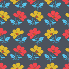 Seamless floral pattern, liberty ditsy print with cute large botany in retro folk style. Beautiful botanical design of hand drawn wild plants: flowers, leaves on black background. Vector illustration