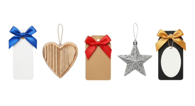 Set of christmas gift tags with ribbons and bows transparent background cutout png - Powered by Adobe