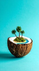 Miniature tropical island paradise nestled inside a halved coconut shell