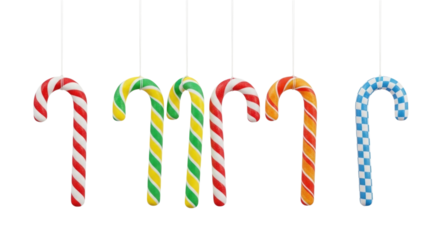 Colorful candy canes hanging transparent background cutout png