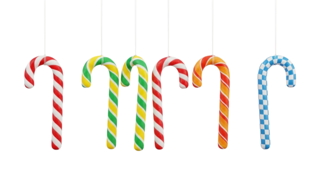 Colorful candy canes hanging transparent background cutout png
