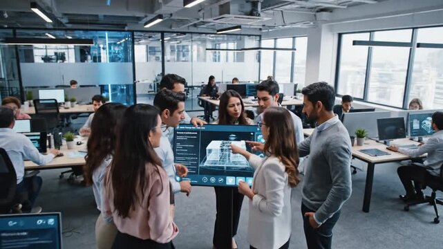 Collaborative Team Analyzing Architectural Design on Interactive Display in Office - Powered by Adobe