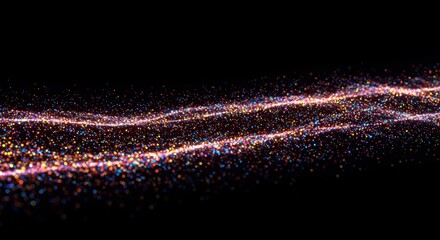 Illuminated particles form flowing, wavy streams against a deep black background