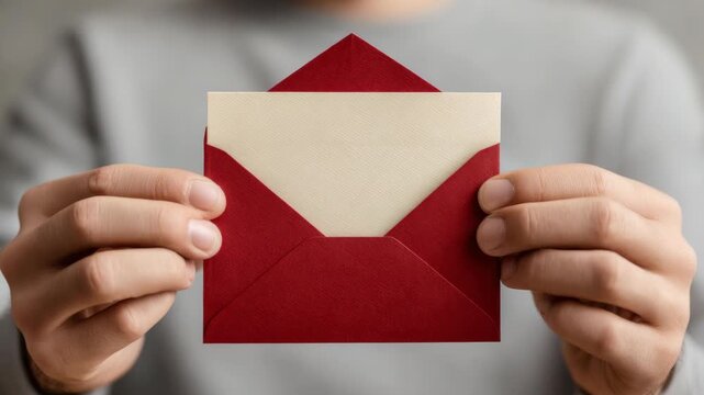 Hands holding red envelope with beige card
