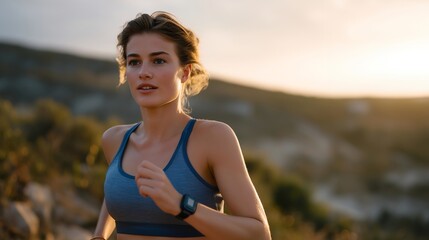 Young woman jogging alone at dusk wearing a stylish emergency smartwatch, with a semi-transparent GPS map overlay on the scene showing real-time 911 distress alert transmission, highlighting