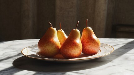 Juicy pears on elegant marble platter