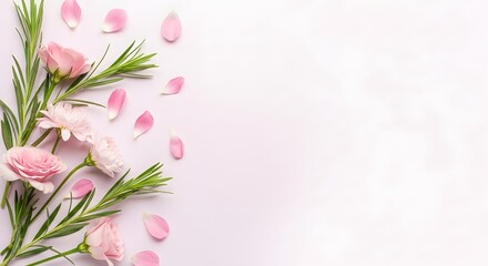 Naklejka premium Delicate pink flowers and greenery border with scattered petals on white background