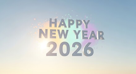 Happy New Year 2026 Silver Text Pastel Powder Against Bright Sky
