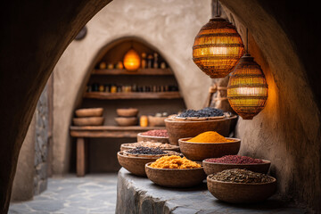 A Warmly Lit Shop Displaying Bowls of Spices with Woven Lamps in an Arched Room